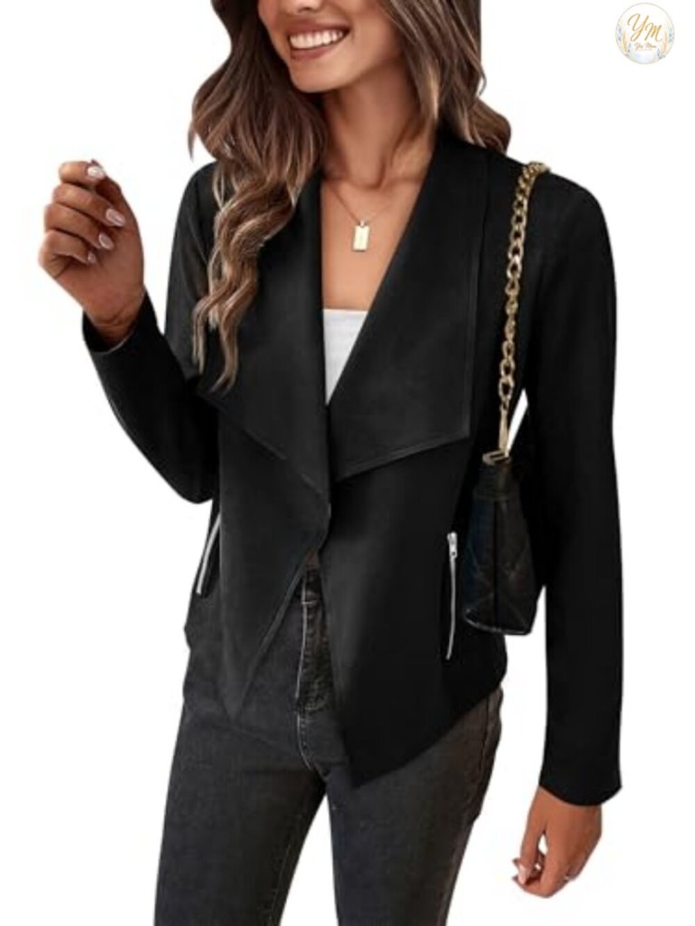Faux Suede Cropped Jacket with Waterfall Collar and Pockets